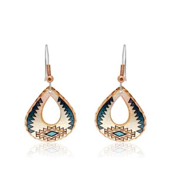 Boho Native American Tribal Teal Blue Native Copper Wire Earrings, Gift Box - Picture 2 of 9